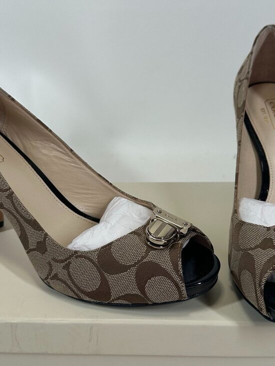 Coach Shoes - COACH Helaine Peep Toe Monogram Buckle Accent Pumps